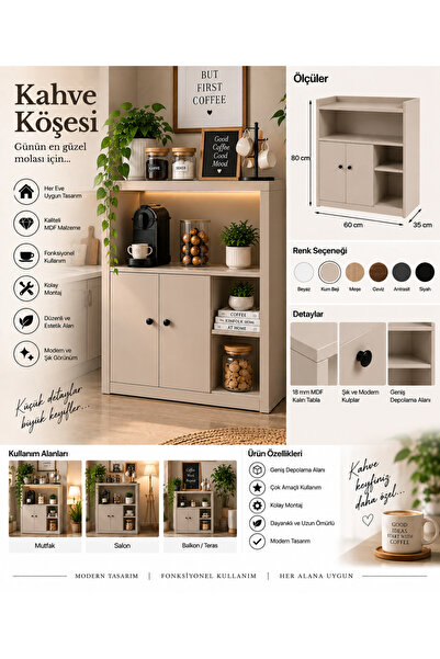 Genel Markalar Kahve Köşesi Dolabı 60x80x35 cm 2 Kapaklı Modern Mutfak Kahve ...