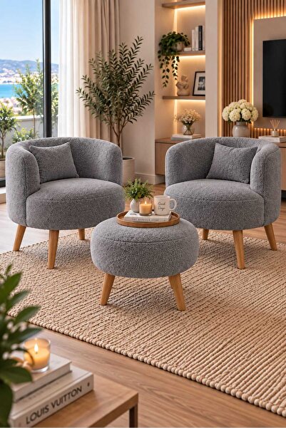 DEKOZUM BELİSSA Çay Seti Teddy Kumaş Kaplı Berjer Salon Balkon Koltuk Oturma ...