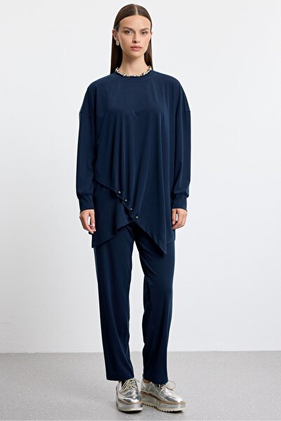Tığ Triko Asymmetrical Tunic Trouser Suit Dark Blue
