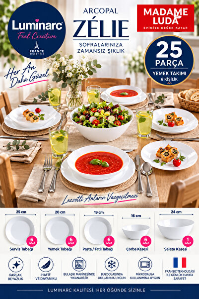 Luminarc Arcopal Zélie Beyaz 25 Parça 6 Kişilik Yemek Takımı - (25 CM SERVİS+...
