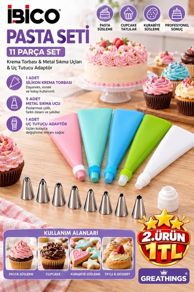 Greathings 11 Parça Renkli Pasta Süsleme Seti Krema Torbası Metal Duy Sıkma U...