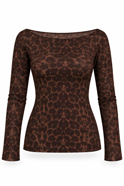 Purple by Banu Kahverengi Leopar Desen Kayık Yaka Body