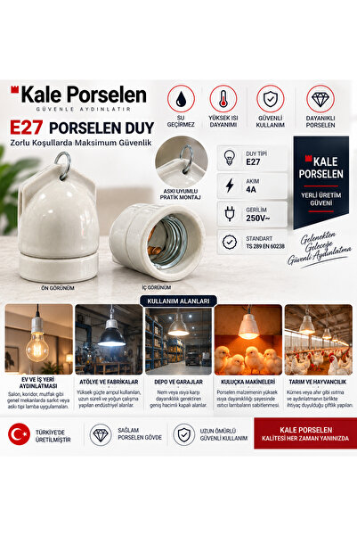 KALE PORSELEN E27 Askı Duyu 4A 250V Isıya Dayanıklı Porselen Duy Ev Atölye Kü...