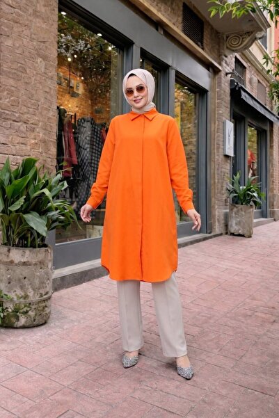 comstar Women's Shirt Collar Casual Long Orange Shirt Dress