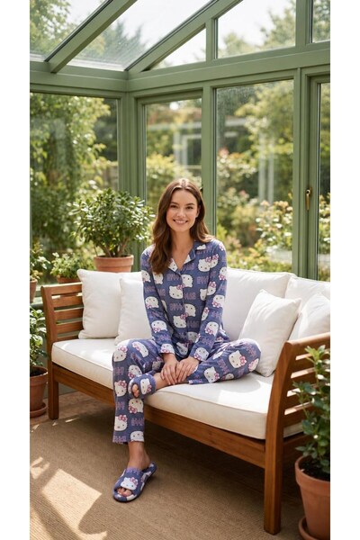 Mia Homewear KADIN SÜET GRİ HELLO KITY DESENLİ ÖNDEN DÜĞMELİ UZUN KOLLU PİJAM...