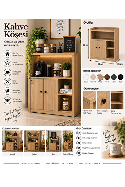 Genel Markalar Kahve Köşesi Dolabı 60x80x35 cm 2 Kapaklı Modern Mutfak Kahve ...