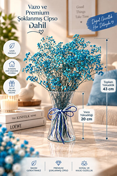 Kuru Çiçek Deposu Premium Şoklanmış Mavi Cipso Çiçek Aranjmanı – Cam Vazo Dah...