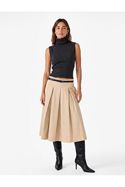 Koton Cotton Belted Thick Pleated Gabardine Midi Skirt