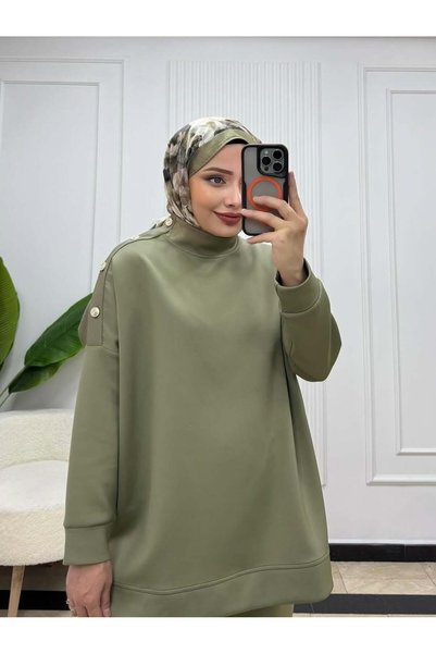Moda Aydın Butik طقم نسائي مكون من قطعتين بتفاصيل أزرار على الكتف - أخضر