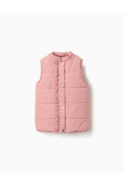 Ziddy Puffer Vest With Polar Fleece Lining And Ruffles For Girls, Pink