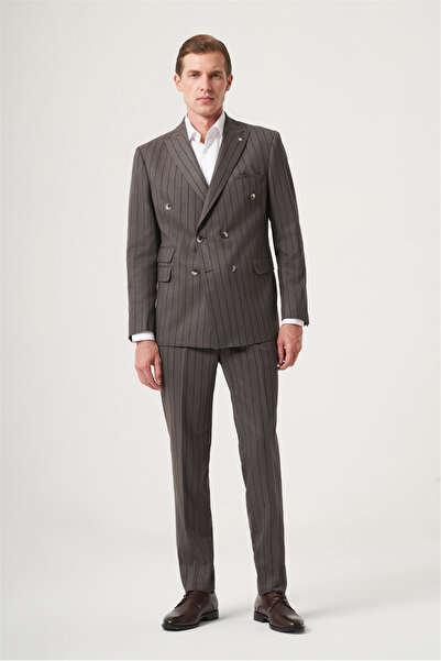 İmza Mink-Brown Swallow Collar Striped Double Breasted 6 Drop Slim Fit Full L...