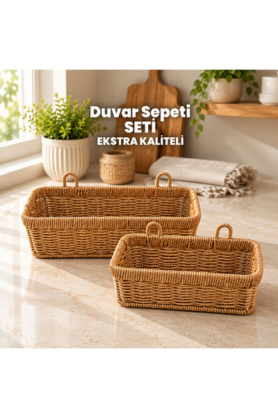 SHARI 2 Adet DİKDÖRTGEN Hasır Duvar Sepet Seti - Düz Hasır Rattan Duvar Saksı...
