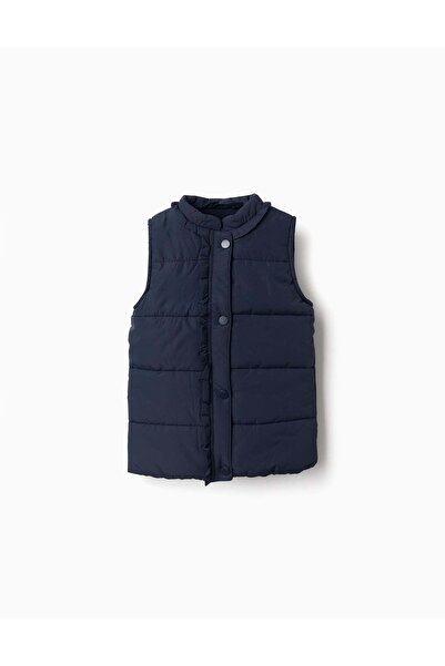 Ziddy Puffer Vest With Polar Fleece Lining And Ruffles For Girls, Navy Blue