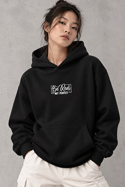 Jooy Beyaz Kapüşonlu Sweatshirt Be Real Not Perfect Baskılı Kadın Hoodie