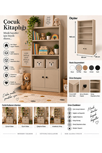 Genel Markalar Çocuk Kitaplığı 60x160x30 cm 5 Raflı 2 Kapaklı Çocuk Odası Kit...