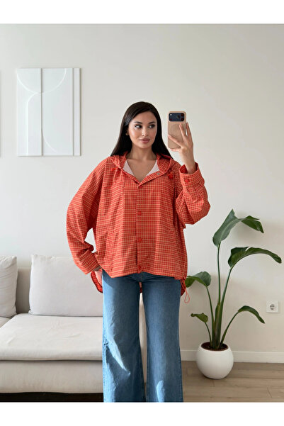 Zoom Butik Kapüşonlu Ekose Oversize Ceket - TURUNCU