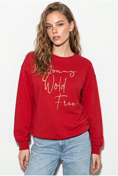 Bianco Lucci Kadın Kırmızı Taşlı Yazı Detaylı Oversize Üç İplik Sweatshirt 1006 60286478