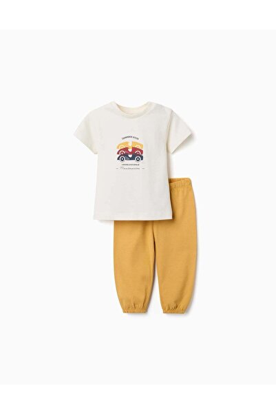 Ziddy Short Sleeve Pyjamas With Racing Car Print For Baby Boys, White/Yellow