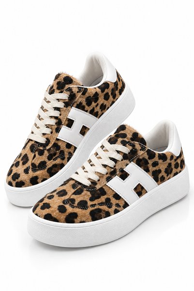 Ayakkabı Vakti Women's Leopard Patterned Thick Sole Sneaker Lace-Up Casual Sports Shoes
