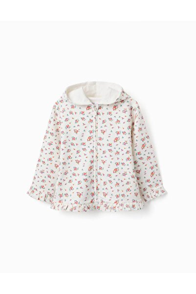 Ziddy Hooded Fleece Jacket With Floral Pattern For Girls, White