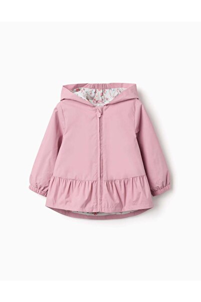Ziddy Hooded Windbreaker With Ruffled Hem And Lining For Baby Girls, Pink