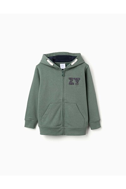 Ziddy Cotton Hooded Jacket With Zy Bouclé Embroidery For Boys, Dark Green