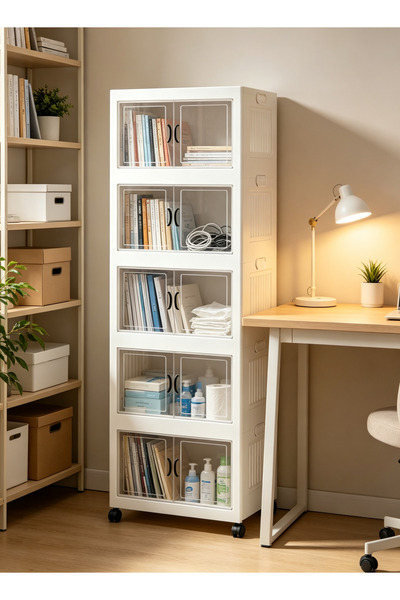 Generic 2 3 4 5 Tier Stackable Storage Cabinet with Wheels, White Plastic Fol...