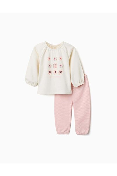 Ziddy Long Sleeve Cotton Pyjamas With Flowers For Baby Girls, White/Pink