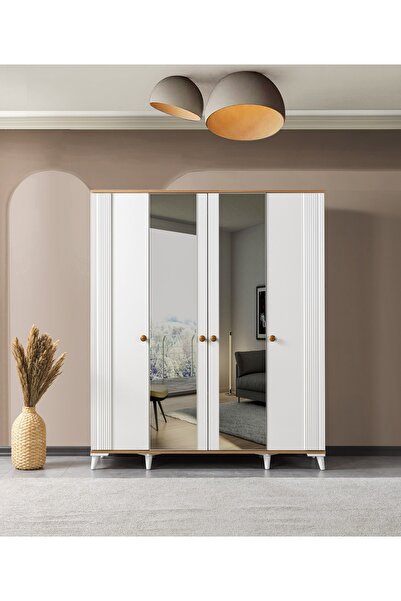 Dodef Wood İnci Gardırop 4 Kapaklı 2 Gizli Çekmeceli Aynalı Elbise Dolabı