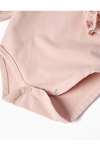 Ziddy Long Sleeve Cotton Bodysuit With Ruffles For Newborn Girls, Light Pink