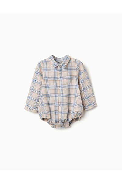 Ziddy Cotton Body-Shirt With Checkered Pattern For Newborn Boys, Beige
