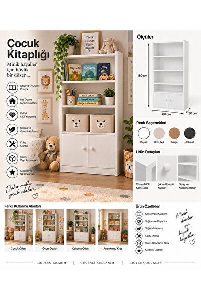 Genel Markalar Çocuk Kitaplığı 60x160x30 cm 5 Raflı 2 Kapaklı Çocuk Odası Kit...