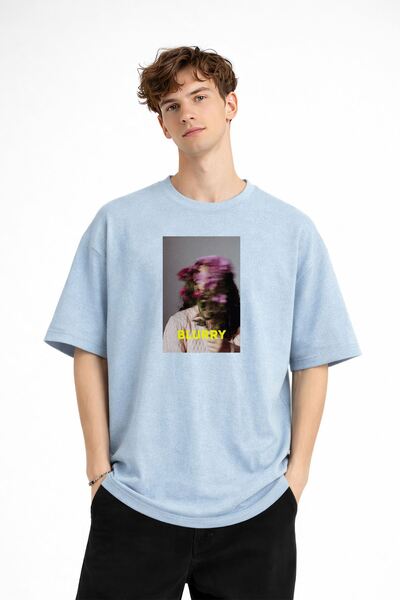 Zerenyus Blurry Baskılı - Premium Kumaş Oversize Erkek Tişört Bebe Mavisi