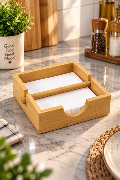 Welora Natural Bamboo Napkin Holder – Decorative Wood-Look Desktop Square Napkin Holder – Stylish and Practical Design