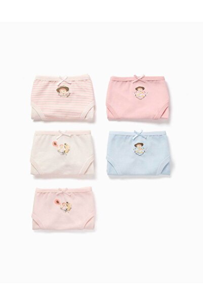 Ziddy Pack Of 5 Cotton Briefs With Jessie Prints For Girls, White/Pink/Blue