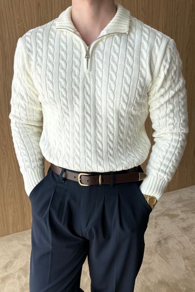 Livio Ferri Alba Premium Hair Weave Half Zipper Stand Collar White Men's Knit...