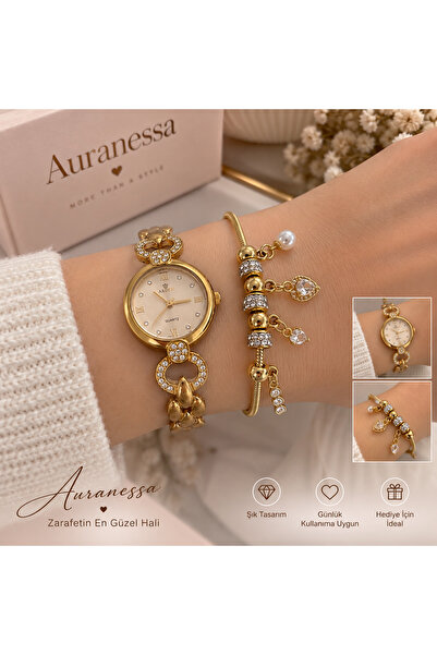 🌸 Auranessa Kadın Saat & Charm Bileklik Seti kutulu – Gold