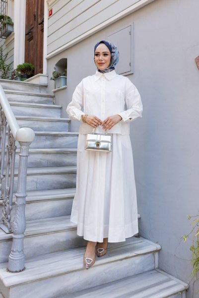 honeyed Mira Premium 100% Cotton Pleated Roka Woven Double Hijab Set with Pocketed Skirt and Shirt