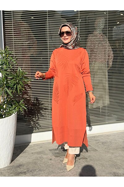 Armine TREND DESENLİ MERSERİZE TAM BOY TUNİK TURUNCU