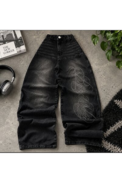 eyonnwear Unisex Siyah Lazer Nakışlı Salaş Kesim Wide Leg Bol Paça Baggy Kot ...
