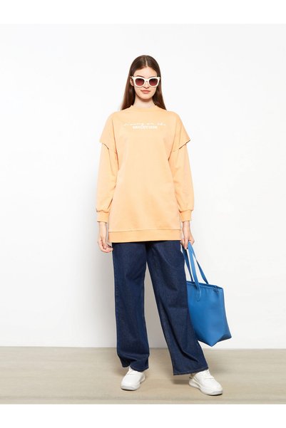 LC Waikiki Crew Neck Letter Printed Long Sleeve Cotton Women's Sweatshirt Tunic