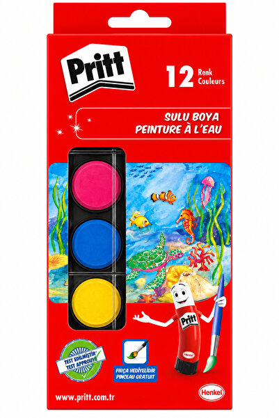 Pritt Sulu Boya 12 Renk Fırça Hediyeli Çocuk Resim Okul ve Hobi Boyası