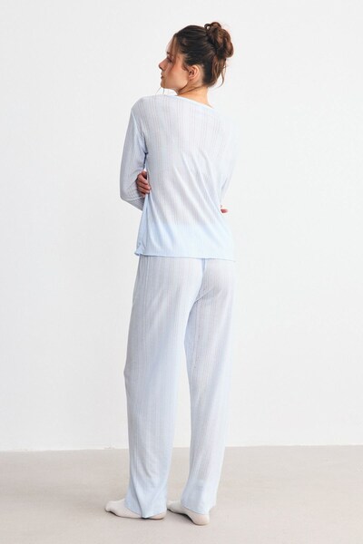 C&City Fitilli Dokulu Yumuşak Pijama Takımı Mavi