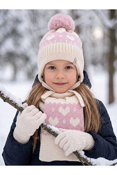 Aware Time Kitti 4-8 Years Old Girls' Lined Scarf, Beanie, Gloves 3-Piece Set
