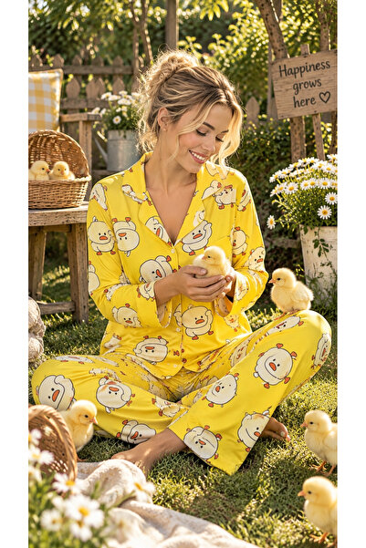 forte bella Sarı Civciv Baskı Detay Trend Alt-Üst Pijama Takımı