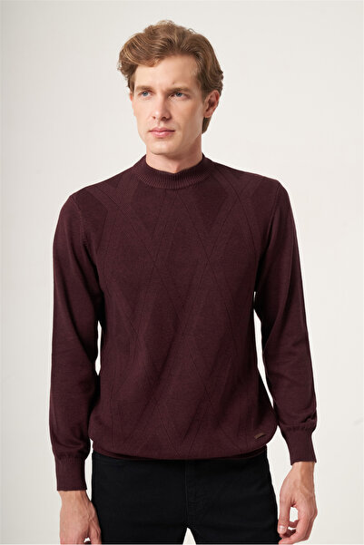 İmza Burgundy Half Turtleneck Diamond Pattern Comfort Fit Cotton Knitwear 101...