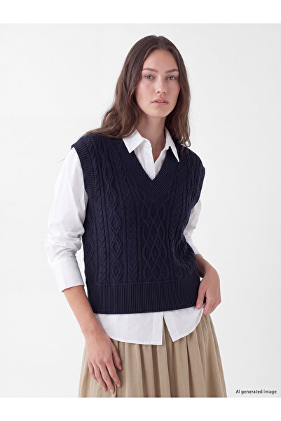 LC Waikiki V Neck Cable Knit Patterned Women's Knitwear Sweater Vest