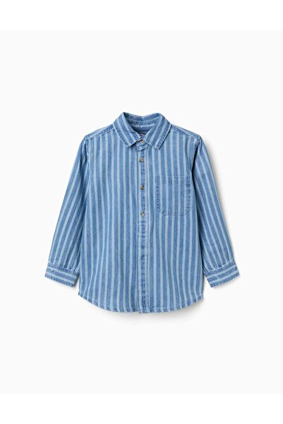 Ziddy Striped Denim Shirt With Pocket For Boys, Blue/White