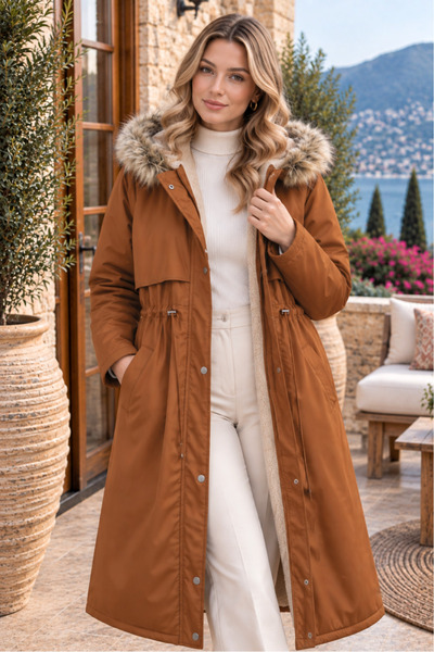 SADEL Kapüşonlu İçi Peluşlu Uzun Mont