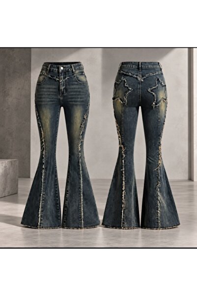 eyonnwear Y2K Grunge Tarzı Yıldız Cepli Yıkamalı Flare Denim Pantolon